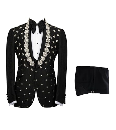 Men’s Beads Suits Shiny Diamond 3 Piece Slim Fit Floral Blazer Jacket Pants Vest Tuxedo Set for Dinner,Prom,Wedding