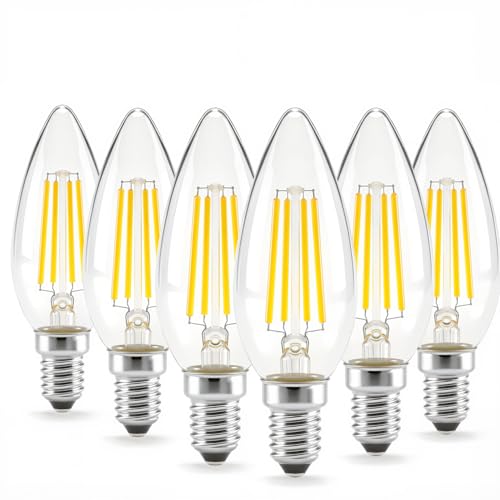Adzok E14 European Base Bulb 40W Equivalent Filament Clear Glass 450LM Clear Glass Torpedo Shape Bullet Soft White 2700K for Chandeliers Pendant Ceiling Fan Pack of 6