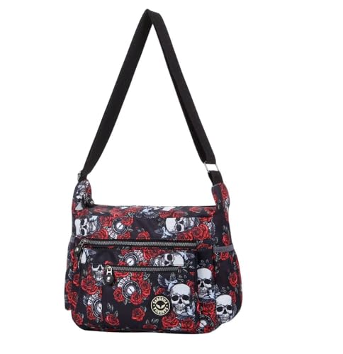 styluxuk Womens Nylon Crossbody Bag Waterproof Multi Pocket Shoulder Tote Lightweight Travel Messenger Handbag Ladies Purse Casual Work Holiday Everyday Small Tote Bag (Roses & Skulls)