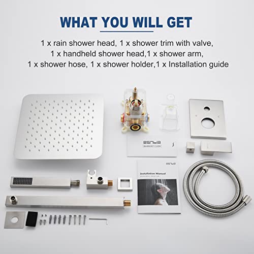 Esnbia Brushed Nickel Shower System, Bathroom 10 Inches Rain Shower Head With Handheld Combo Set, Wall Mounted High Pressure Rainfall Dual Shower Head System, Shower Faucet Set With Valve And Trim #TOP7