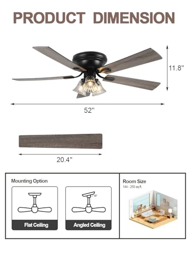 Image of 52'' Flush Mount Low Profile Farmhouse Ceiling Fan with Light