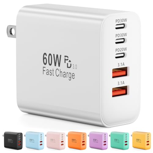 Image of USB C Fast Charger Block, 60W 5 Port Type-C Fast Charger (White)