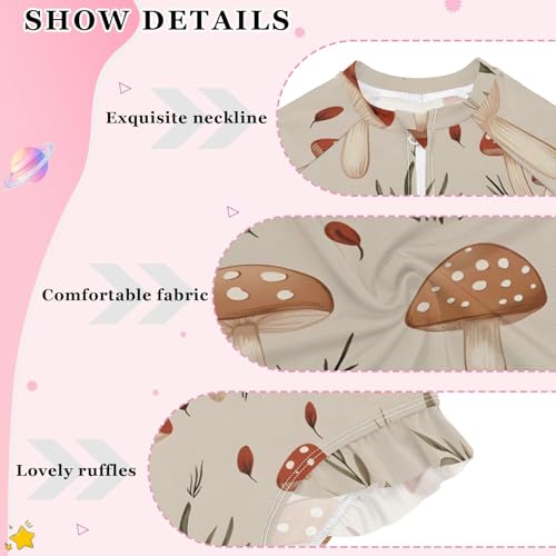 ALAZA Toddler Swimsuit Girl Bathing Suit Swimwear Rash Guard Mushroom Oatmeal Color Long Sleeve 3T4