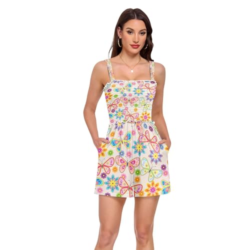 Barboteuse femme col carré au motif papillon et fleur sauvage