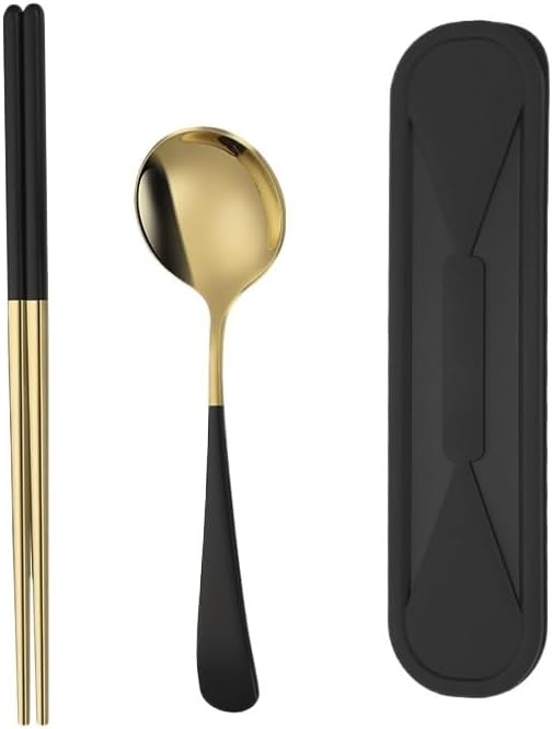 Silverware Flatware Set, 304 Stainless Steel Tableware Set, Outdoor Travel Convenient Spoon And Chopsticks Set With Storage Box (Color : Black, Size : 4Set-8Pcs)