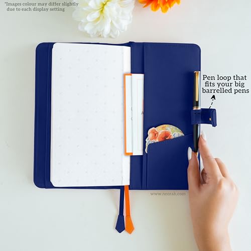 Image of NEORAH-PETITE Notebook SLEEVE with SNAP Button + Dotgrid JOURNAL|Faux Leather Sleeve + Penloop|2Front 1Back compartment|4 CardSlots|2 BookMarks|Gift Box- Fits any PETITE Softcover Notebook- DARK BLUE