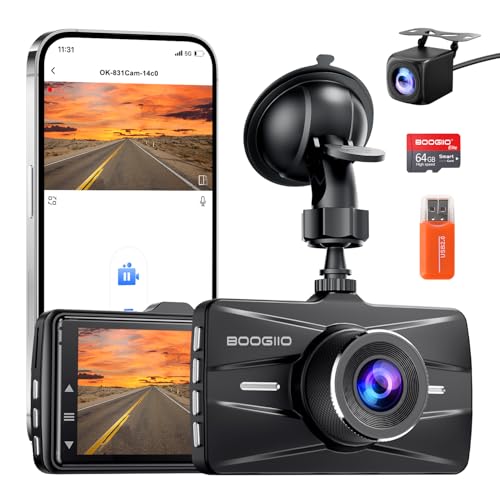 BOOGIIO Dash Cam Front and Rear with 64GB SD Card,