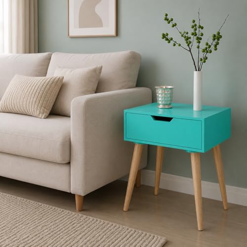 Nightstand End Side Table Drawer and Solid Wood Legs Bedside Tabl...