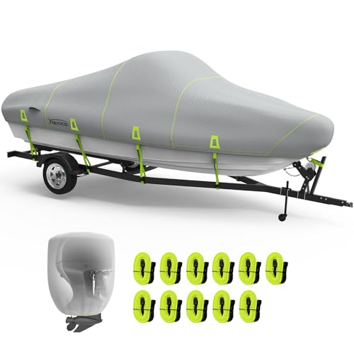 YSPACE Boat Cover 20-22ft, Trailerable 1200D Heavy Duty Waterproof Cover with Reflective Strips & Storage Bag, Fits V-Hull, Fish & Ski, Pro-Style, Fishing, Runabout, Bass Boat,Up to 102