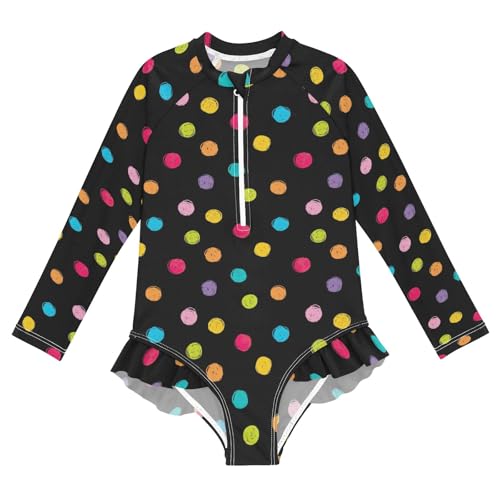 CHIFIGNO Crayon Polka Dots Black Rashguard One Piece Swimsuits for Girls Long Sleeve Zipper Swimwear 3T