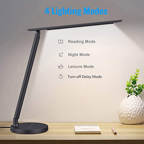 Pxwaxpy LED Desk Lamp, Multifunctional Eye-Caring Table Lamp with USB Charging Port, 4 Lighting Modes with 7 Brightness Levels 18W Touch Control Dimmable Office Lamp Foldable Reading Lamp with Adapter
