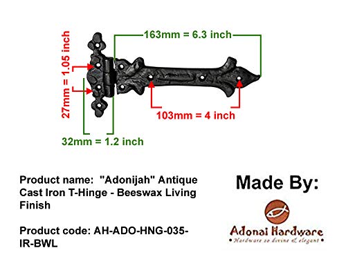 Image of Adonai Hardware Adonijah Antique Cast Iron Strap T Hinge (7.9 inch x 2 Pack, Beeswax Living Finish) for Barn Doors, Gates, Kitchen Cabinets, Sheds, Wooden Box, Furniture, Cedar Chest and Trunks