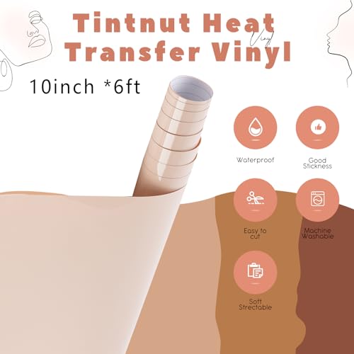 Image of Tintnut Pale Peach Heat Transfer Vinyl - 10 inches x 6ft Nude Bundle Brown Iron On Vinyl for T-Shirts DIY
