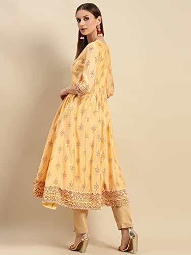 Image of rangita Yellow Viscose Blend Calf Length Embroidered Flared Kurti for Women | Kurta for Women