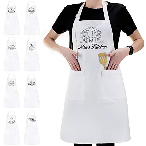 Personalized Kitchen Apron - Customize Women Man Cute Grill Chef Costume - Mothers Day Gifts for Mom - Birthday Gifts for Dad - Cotton Unisex Baking White Adjustable Neck Aprons with Pocket