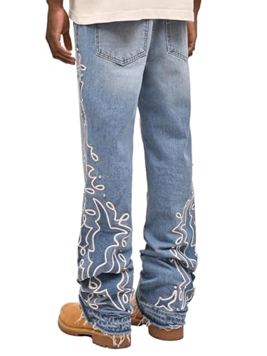 crazynekos Men's Ripped Slim Fit Straight Leg Jean Pearl Patch Denim Pant Baggy Trousers with Pockets3