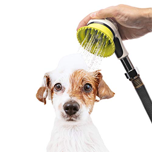 Wondurdog Outdoor Garden Hose Dog Shower Brush Head Nozzle with Splash Guard Handle and Rubber Grooming Teeth. Metal Connector and Water Pressure Control. Wash Your Pet. Donâ€™t Get Wet!