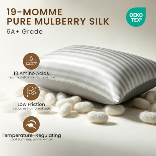 Image of THXSILK Set of 2 Mulberry Silk Pillowcase for Hair and Skin, Cooling Bed Pillow Cover with Hidden Zipper, Soft Smooth Print Silk Pillowcase Gifts for Women Men (Standard 20 inchx26 inch, Grey Stripes)