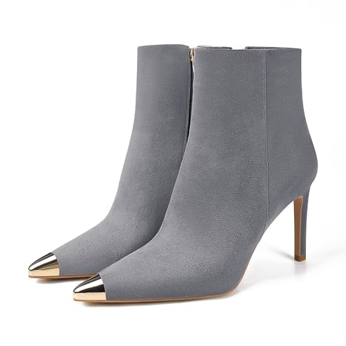 XINIUNIU Women's Ankle Boots Kitten Stiletto Heels Booties Metal Pointed Toe Suede Side Zipper 3.5 Inch Short Boot Dress3