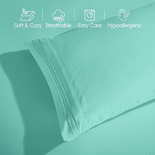 Image of Elegant Comfort Luxurious 1500 Premium Hotel Quality Microfiber Three Line Embroidered Softest 4-Piece Bed Sheet Set, Wrinkle and Fade Resistant, King, Paradise Teal