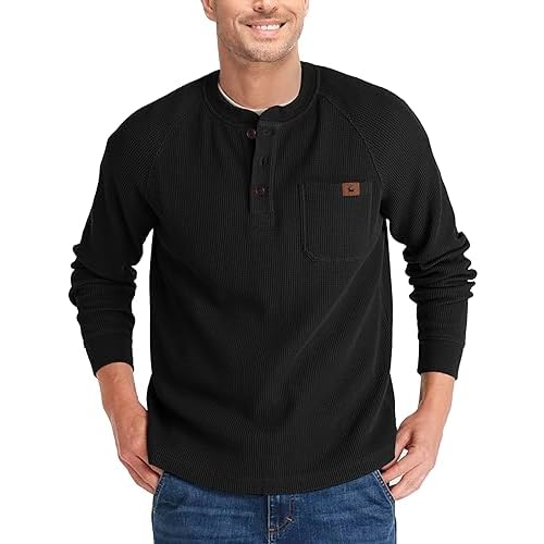 ZITY Long Sleeve Henley Shirts for Men Casual Waffle Thermal Fashion Pullover 3-Button T-Shirt with Pocket Large Z-black