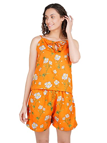 Image of Women's American Crepe Floral Orange Night Suit Set of Top & Shorts