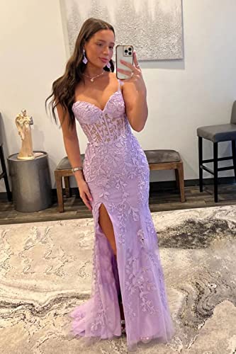 Miao Duo Women's Lace Mermaid Prom Dresses Long with Slit Mermaid Spaghetti Straps Backless Formal Evening Gowns YZTS099 - Image 3