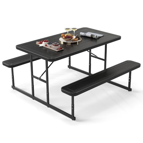 Giantex Picnic Table Bench Set for 4 People, 4.5FT Outdoor Rectangular Dining Table & 2 Benches w/Umbrella Hole, HDPE Tabletop, Metal Frame, Patio Garden Backyard Poolside (4.5FT,Non-Foldable,Black)