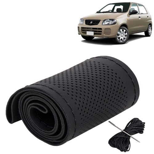Image of KINGSWAY PU Leatherite Car Steering Cover Sewable Compatible with Maruti Suzuki Alto 800 (Year 2000-2012), Black Color with Black Thread, Pack of 1 with Sewing Needle and Thread