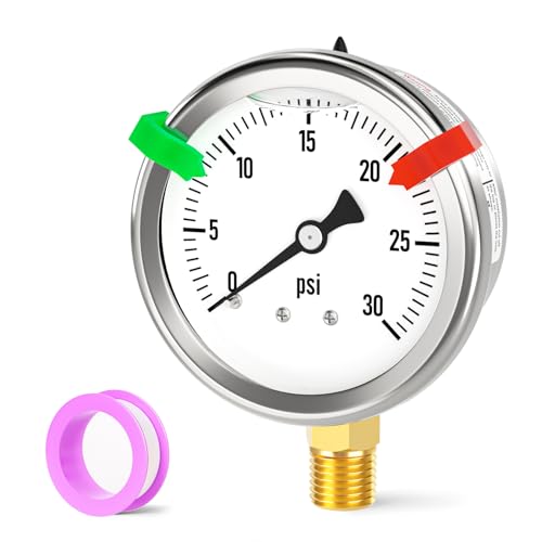 Image of 0-30PSI Stainless Steel Liquid Filled Pressure Gauge, 2.5 inch Single Scale Face Dial, 1 /4 inch NPT Lower Mount, for Tube, Water Pump, Gas, Liquid, Pressure Test (with Range Mark Pointer)
