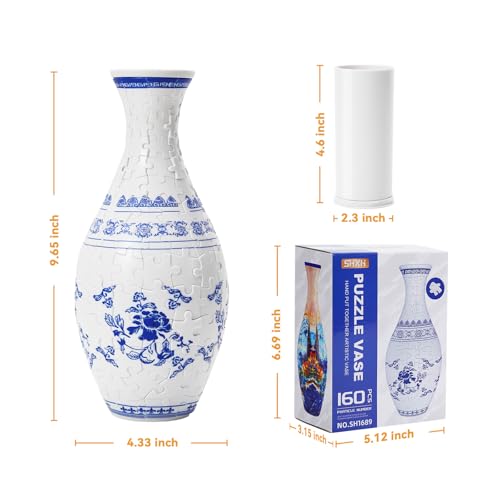 Image of 3D Puzzle Planter Vase for Adult, 160 Pieces DIY Flower Vase for Home Decoration - Perfect Housewarming Gift (Blue and White Porcelain)
