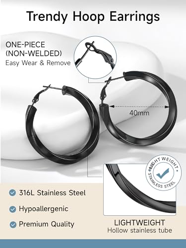 Image of Stainless Steel Chunky Hoop Earrings For Women, Minimalist and Chic, Black /Gold Plated, Round Hoops Earrings Hypoallergenic, Size: 30mm /40mm /60mm /80mm, Come with Box