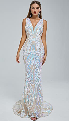 Women's V-Neck Sequins Sleeveless Lace-up Mermaid Evening Dress2