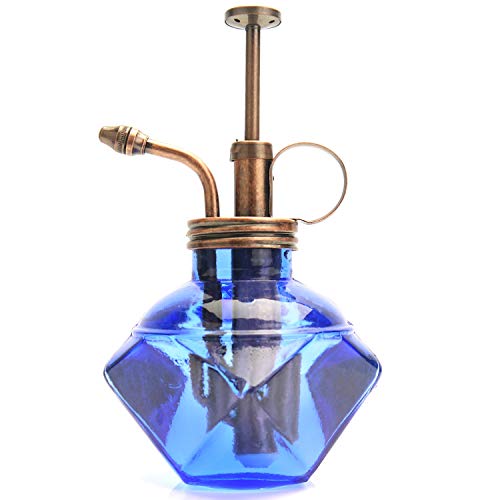 Purism Style Plant Mister- Blue Color Glass Bottle & Brass Sprayer (Antique Copper)