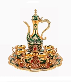Vintage Turkish Tea Set with Tray and 6 Cups Retro Coffee Pot Cups Set Exquisite Wine Pot Set Decorative Vintage Tea Service Set for Home Party Decor (Green)