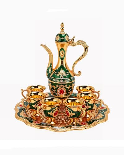 Vintage Turkish Tea Set with Tray and 6 Cups Retro Coffee Pot Cups Set Exquisite Wine Pot Set Decorative Vintage Tea Service Set for Home Party Decor (Green)