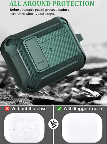 Image of Olytop Airpods Pro 3 Case with Lock Clip, Rugged Apple Airpods Pro 3rd Generation Cover 2025 Men Women, Armor Shockproof iPod Pro3 Gen Protective Hard Shell with Carabiner&Cleaner kit,CF Black /Green
