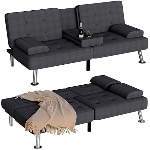 Homall Futon Sofa Bed, Futon Couch with Removable Armrests, Adjustable Recliner Sleeper Sofa Bed with Dual Cup Holders for Living Room, Apartment, Office (Fabric, Black) Cover