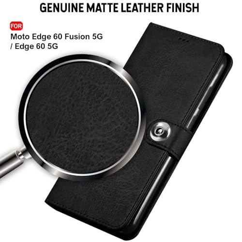 Image of TheGiftKart Flip Cover Back Case for Motorola Moto Edge 60 Fusion 5G / Moto Edge 60 5G | Genuine Leather Finish | Designer Button | Inbuilt Pockets & Stand | Flip Back Cover Case (Faux Leather, Black)