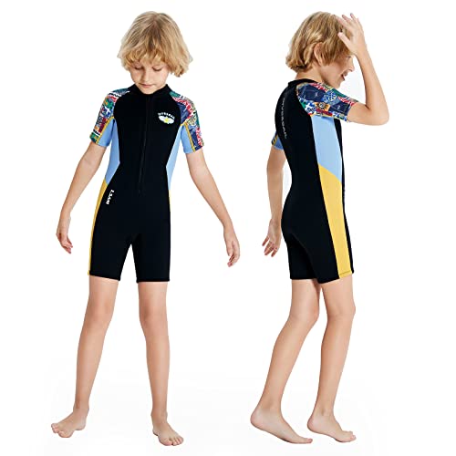 ANVIGO Neoprenanzug Kinder Neopren Shorty Thermal Tauchen Badeanzug, 2,5 mm Neopren Frontreißverschluss Einteilige Neoprenanzüge für Wassersport Surfen Schwimmen Tauchen Jetski (Schwarz, L)