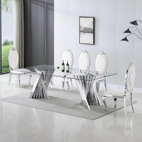 94" Modern Glass Silver Dining Table for 8-10, Luxury Dining