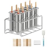 TOCCOOL 10 Pack Stainless Steel Popsicle Molds, Homemade Round Ice Lolly Molds with Holder, Reusable Fast Freezing Ice Treat Maker with Wooden Sticks and Bags