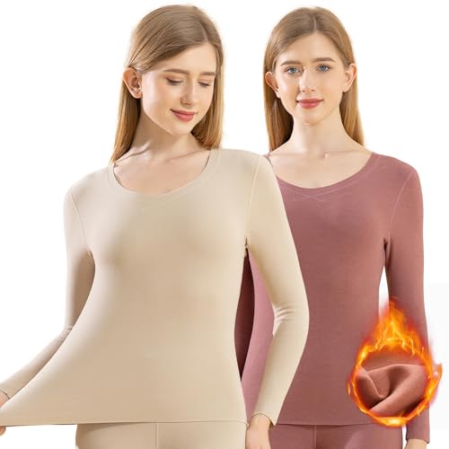 Recopilación de Ropa de Deportes de invierno para Mujer los mejores 5. 48 HGFBSFAA Paquete de 2 Blusas Termicas Dama Manga Larga, Ropa termica Mujer Frio Extremo, Ropa Interior Térmica Frio Mujer con Corte Entallado Acanalado, Ropa Capa Base Invierno...