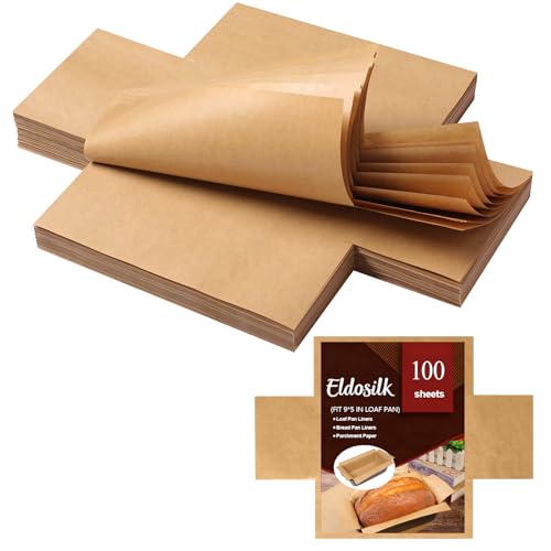 Eldosilk Unbleached Parchment Paper Loaf Pan Liner - Precut 9''x5'' Non-Stick, Fits 8.5''x4.5''/10''x5'' Loaf Pans, Heat-Resistant 430°F BPA-Free Food-Safe for Bread Baking (100 Pcs)