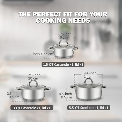 Cook N Home Stainless Steel Stock Pot with Glass Lid, Basic Small Sauce Cooking Pot Saucier Casserole Pan Set, 6 Piece Set