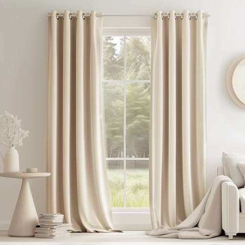 Topfinel Beige Velvet Blackout Curtains 84 Inches Long, Grommet Curtains Room Darkening Thermal Insulated Soundproof Modern Nursery Spring Drapes Home Decor for Living Room Bedroom 2 Panels