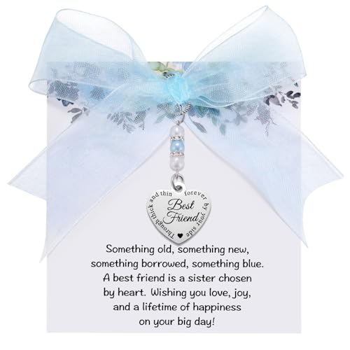 MIXJOY Best Friend Wedding Gift - Something Blue Pearl Bouquet Garter Charm for BFF Bestie Friends, Engagement Gifts, Wedding Accessory with Blue Pearl Ribbon, Bride to Be Bachelorette Party Gift