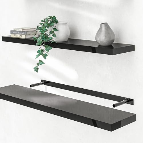 Casaria® Wandregal Holz Schwarz Regal mit Halterung 15kg Tragkraft Hängeregal Küche Wohnzimmer Flur Wand Schweberegal Bücherregal Regalbrett Schwebend Hochglanz 110cm