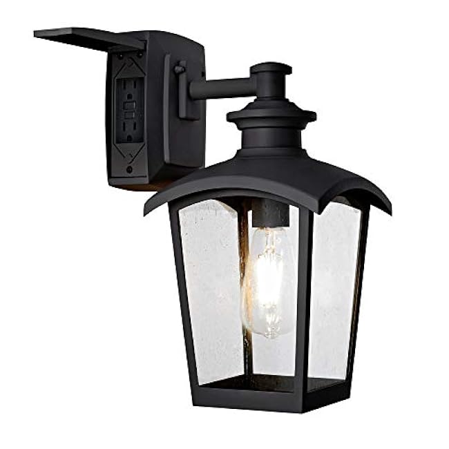 31703 Spence 1-Light Outdoor Wall Lantern with Seeded Glass and Built-in GFCI Outlet, Black