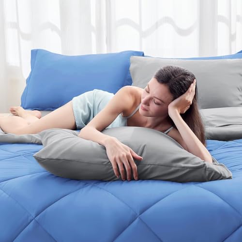 HEVUMYI Royal Blue & Light Grey Cali-King Comforter Set - 7-Piece All Season Bed in a Bag Cali-King, Ultra Soft Bedding Set with Comforter, Flat Sheet, Fitted Sheet, Pillowcases, Pillow Shams, Blue